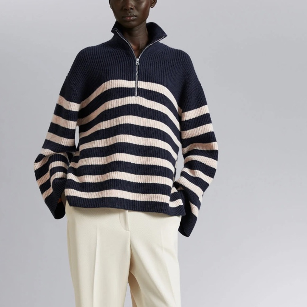 & Other Stories Striped Half Zip Sweater Wool Blend Navy Cream Stockholm Atelier